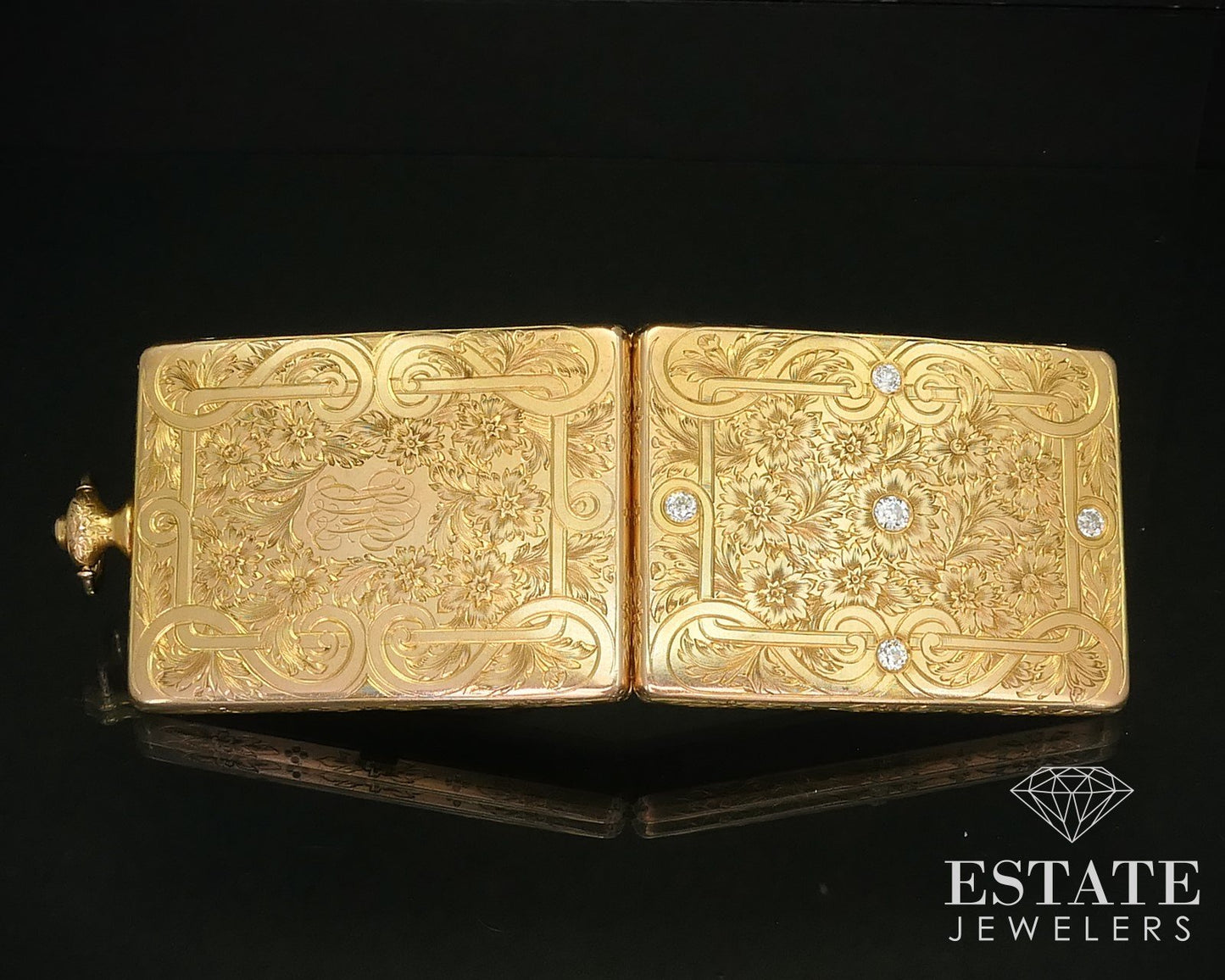 Antique 14k Yellow Gold Natural Diamond Compact Powder Box Mirror 44.5g i16230