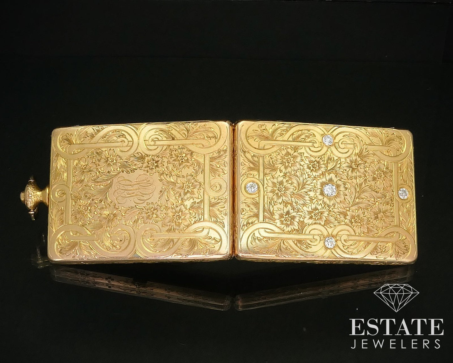 Antique 14k Yellow Gold Natural Diamond Compact Powder Box Mirror 44.5g i16230