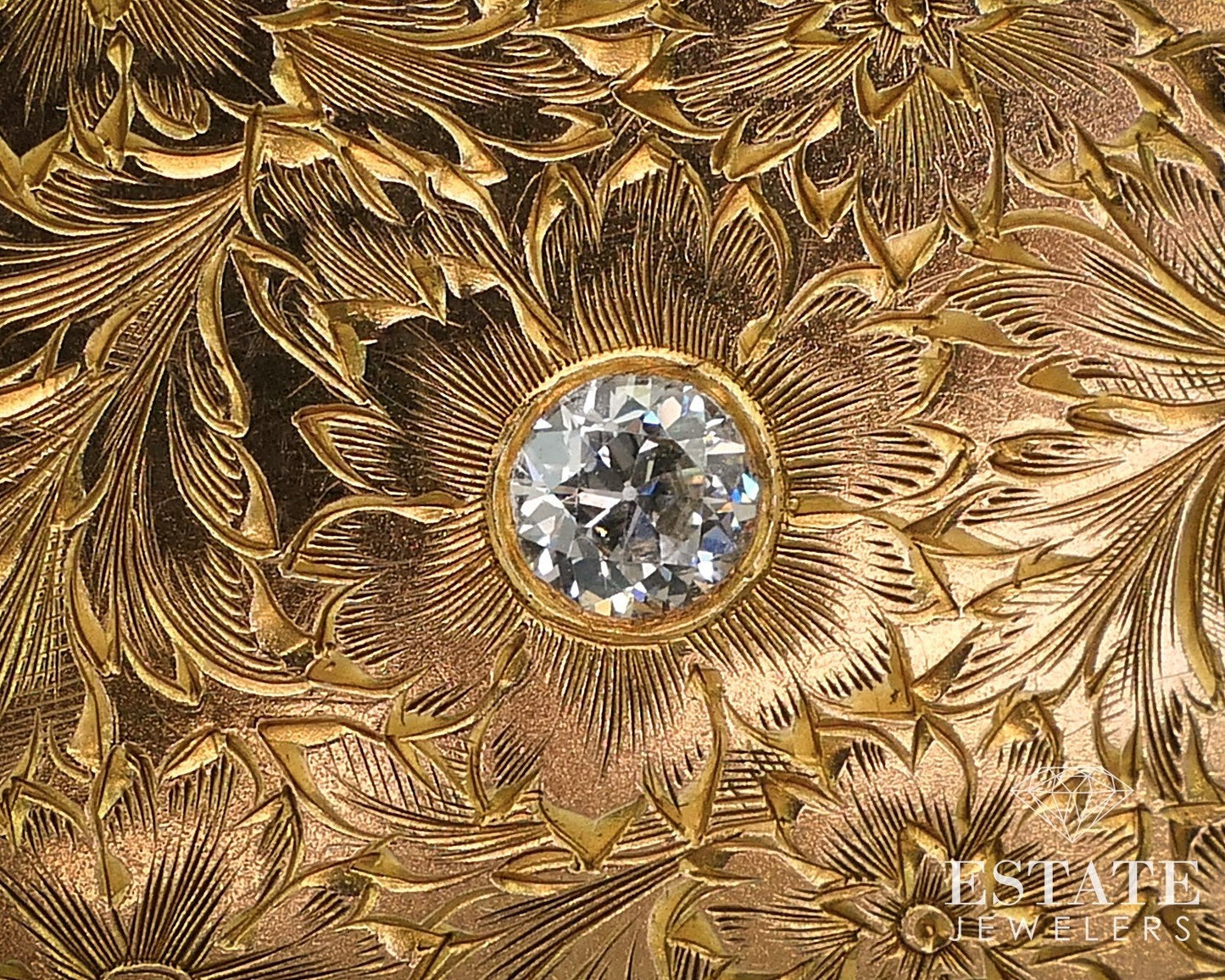Antique 14k Yellow Gold Natural Diamond Compact Powder Box Mirror 44.5g i16230