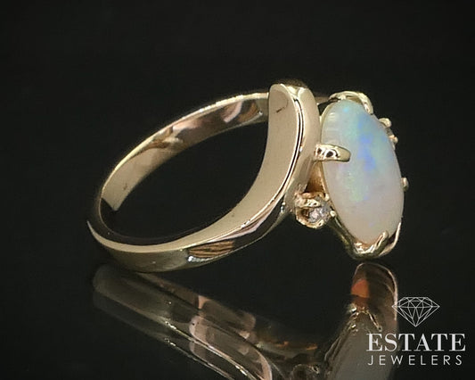 14K Yellow Gold Natural Opal Diamond Bypass Band Ring 3.6g i16319
