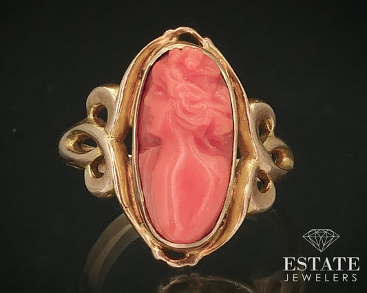 Antique Victorian 10k Yellow Gold Natural Coral Cameo Ladies Ring 3.1g i16253