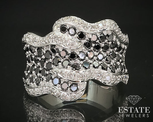 14K White Gold Natural 1.45ctw Black & White Diamond Bypass Band 14g i16320