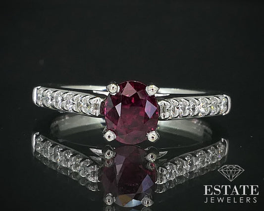 14k White Gold Round Natural .96ct Ruby & Diamond Engagement Ring 4g i16344