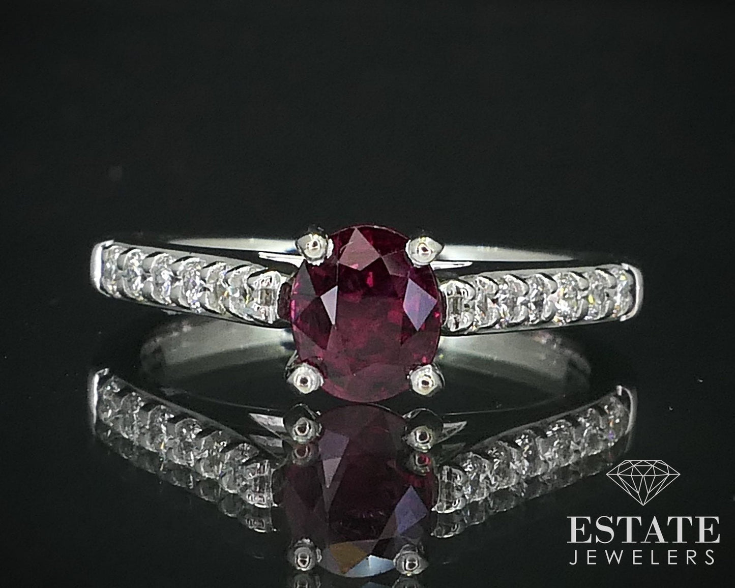 14k White Gold Round Natural .96ct Ruby & Diamond Engagement Ring 4g i16344