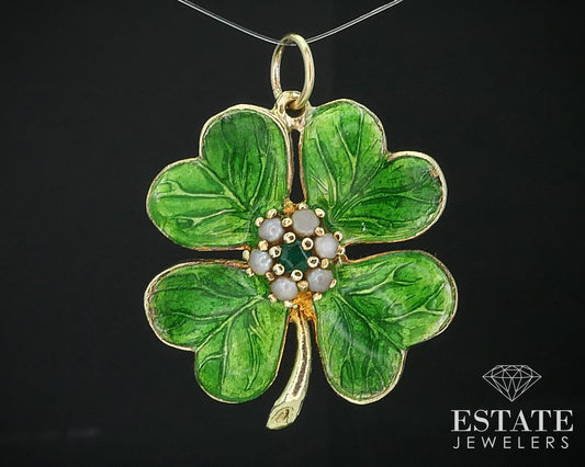 Vintage 14k Yellow Gold 4 Leaf Clover Emerald & Seed Pearl Pendant 8.6g i16326
