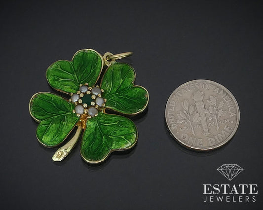 Vintage 14k Yellow Gold 4 Leaf Clover Emerald & Seed Pearl Pendant 8.6g i16326