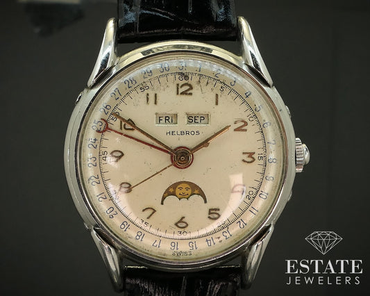Vintage Helbros Triple Calendar Moonphase Cal. 211 Stainless Mens Watch i16354