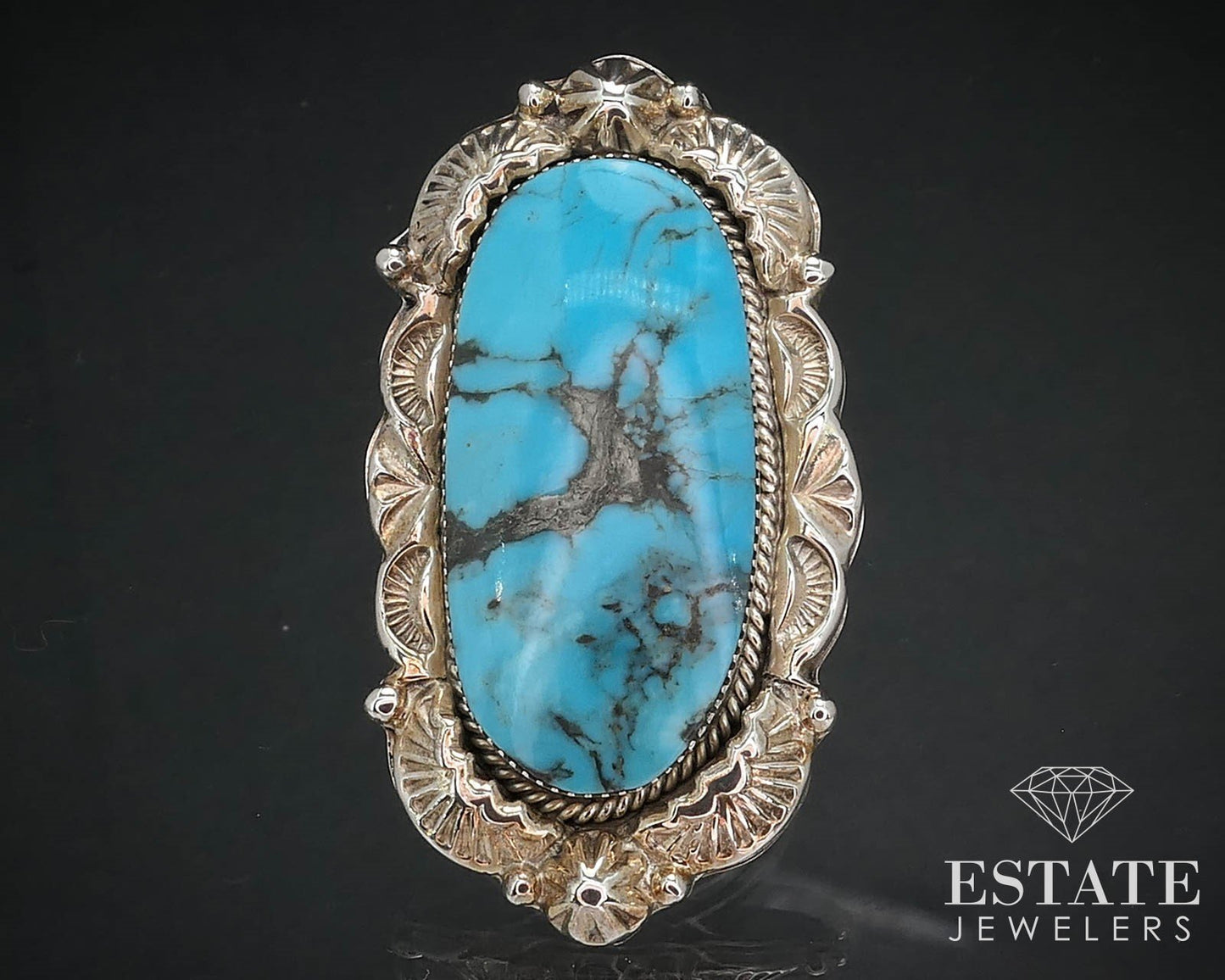 Vintage Sterling Natural Turquoise Navajo Running Bear Large Ring 23.6g i16464
