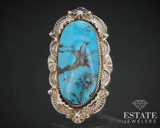 Vintage Sterling Natural Turquoise Navajo Running Bear Large Ring 23.6g i16464