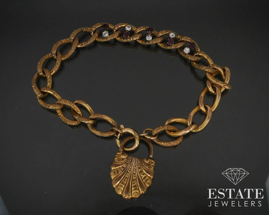 Antique Nouveau Gold Filled Lock Charm Rhinestone Link Bracelet 23g i16466