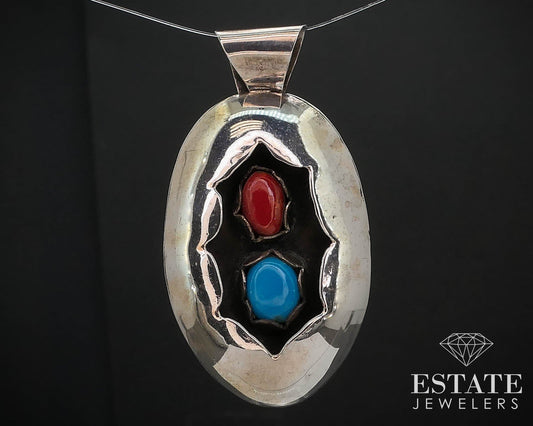 Vintage Sterling Signed MA Turquoise Coral Shadowbox Navajo Pendant 5.4g i16449