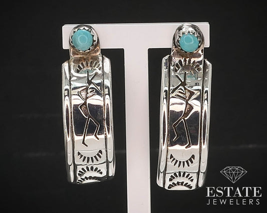 Vintage Sterling Natural Turquoise Navajo Drop Kachina Earrings 5.8g i16439