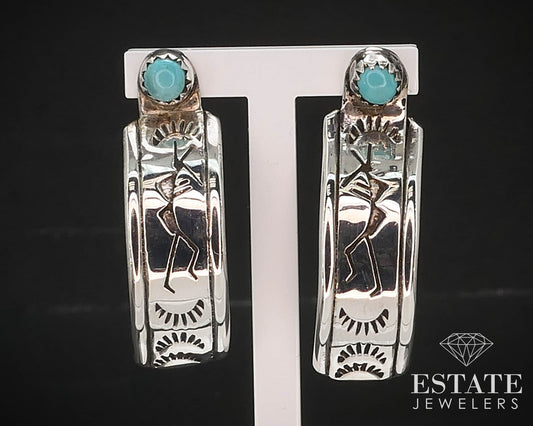 Vintage Sterling Natural Turquoise Navajo Drop Kachina Earrings 5.8g i16439