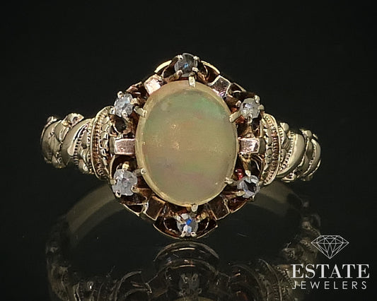 Antique Victorian 10k Rose Gold Natural Opal Rose Cut Diamond Ring 3g i16404
