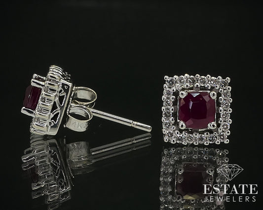 14k White Gold Cushion Natural Ruby & Diamond Halo Stud Earrings 2.8g p68646