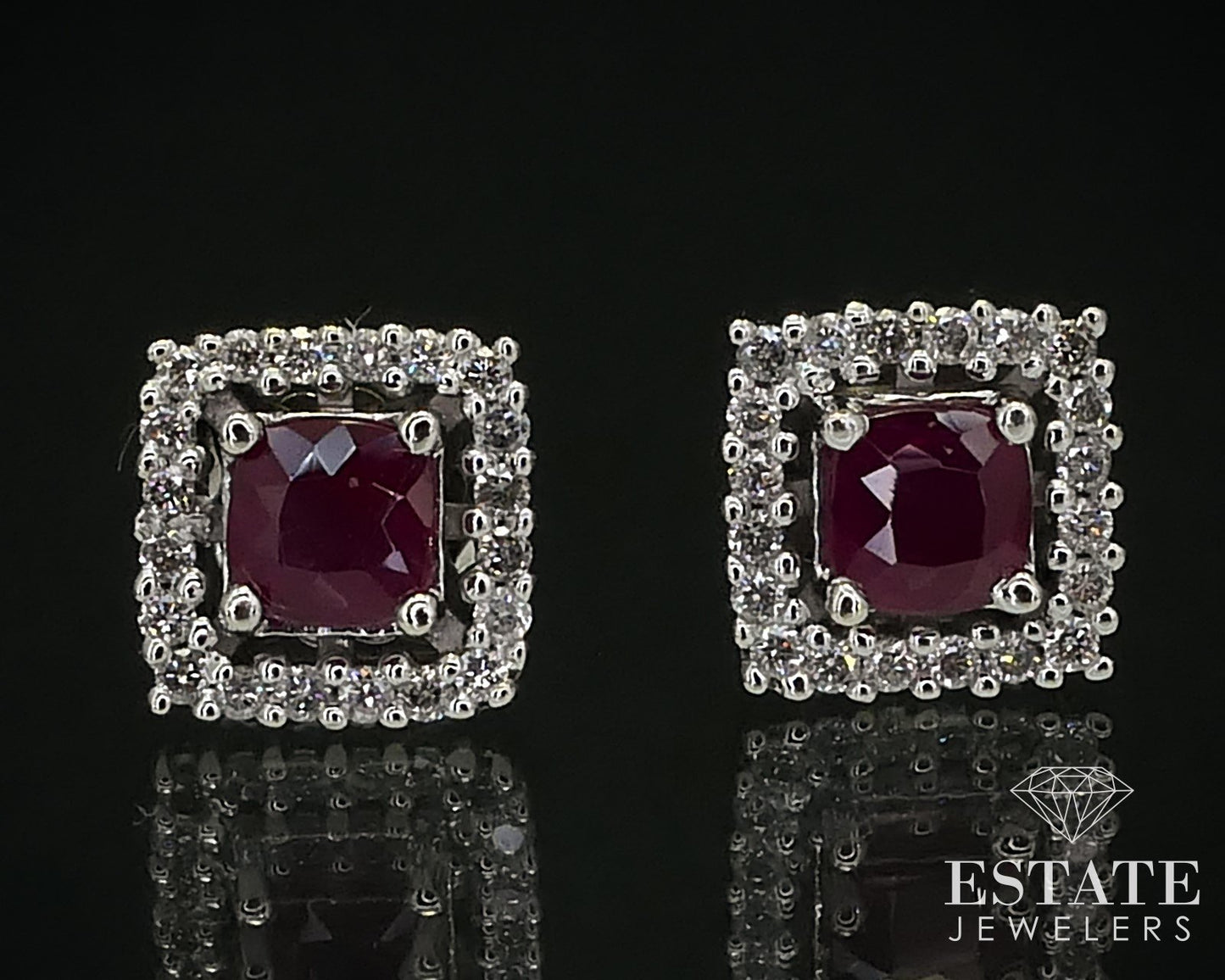 14k White Gold Cushion Natural Ruby & Diamond Halo Stud Earrings 2.8g p68646