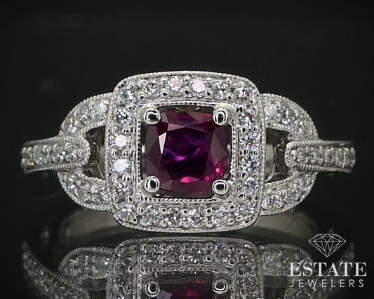 14k White Gold Cushion Natural Ruby & Diamond Halo Ladies Ring 4.5g i16416