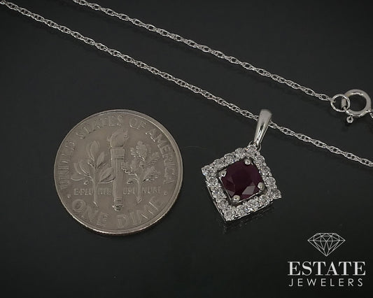 14k White Gold Cushion Natural Ruby & Diamond Halo Ladies Necklace 2.1g i16415
