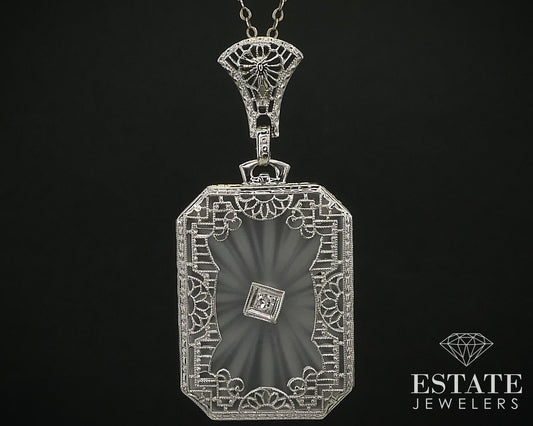 Antique 14k White Gold Rock Crystal Quartz Diamond Filigree Necklace 5.9g i16408