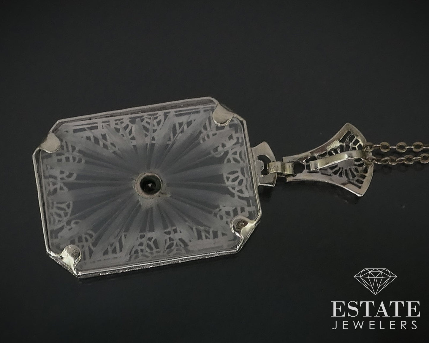 Antique 14k White Gold Rock Crystal Quartz Diamond Filigree Necklace 5.9g i16408