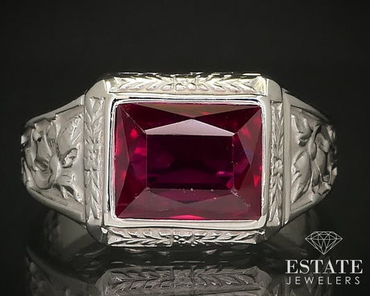 Antique 14k White Gold Ruby Engraved Mens Band Ring 7.1g i16475