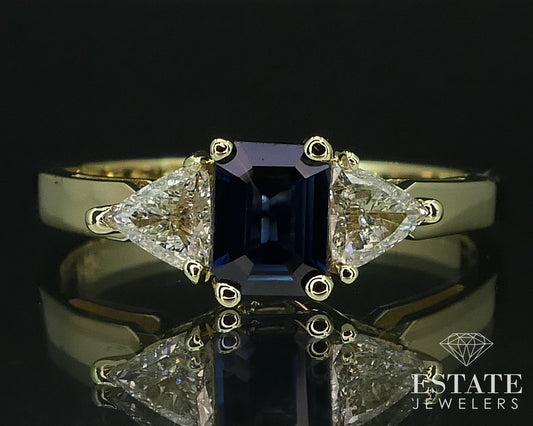 14k Yellow Gold Emerald Natural Blue Sapphire & Trillion Diamond Ring 3g i16495