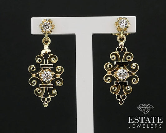 14k Yellow Gold Natural .44ctw Diamond Open Scroll Dangle Earrings 4g i16498