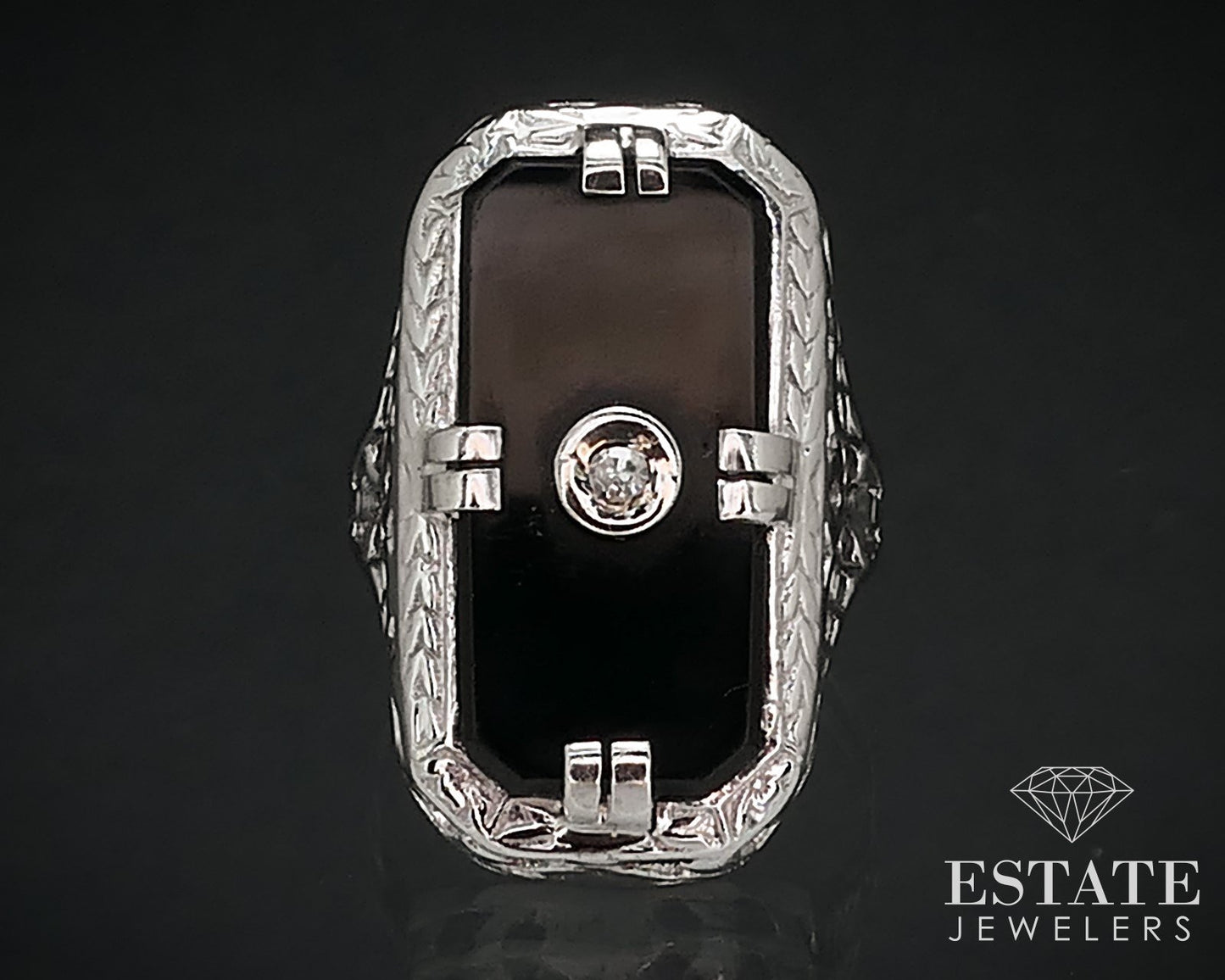 Antique 18k White Gold Black Onyx & Diamond Mourning Filigree Ring 4.1g i16534