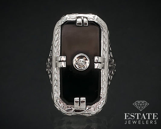Antique 18k White Gold Black Onyx & Diamond Mourning Filigree Ring 4.1g p69222