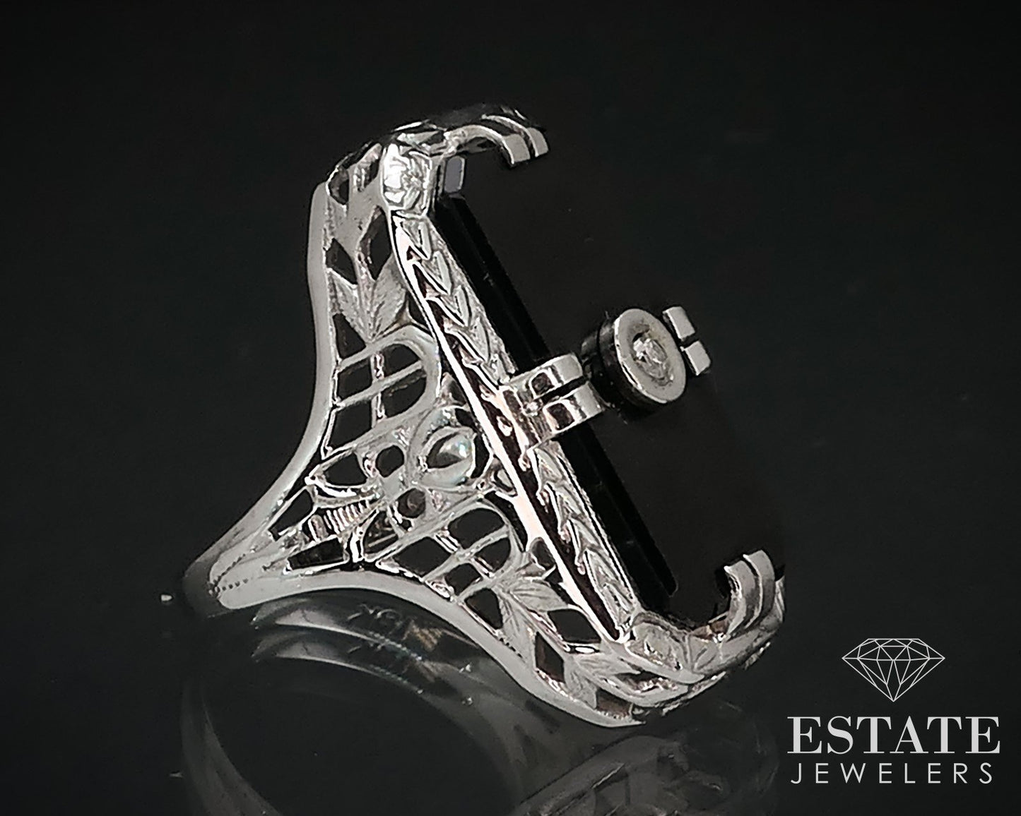 Antique 18k White Gold Black Onyx & Diamond Mourning Filigree Ring 4.1g p69222