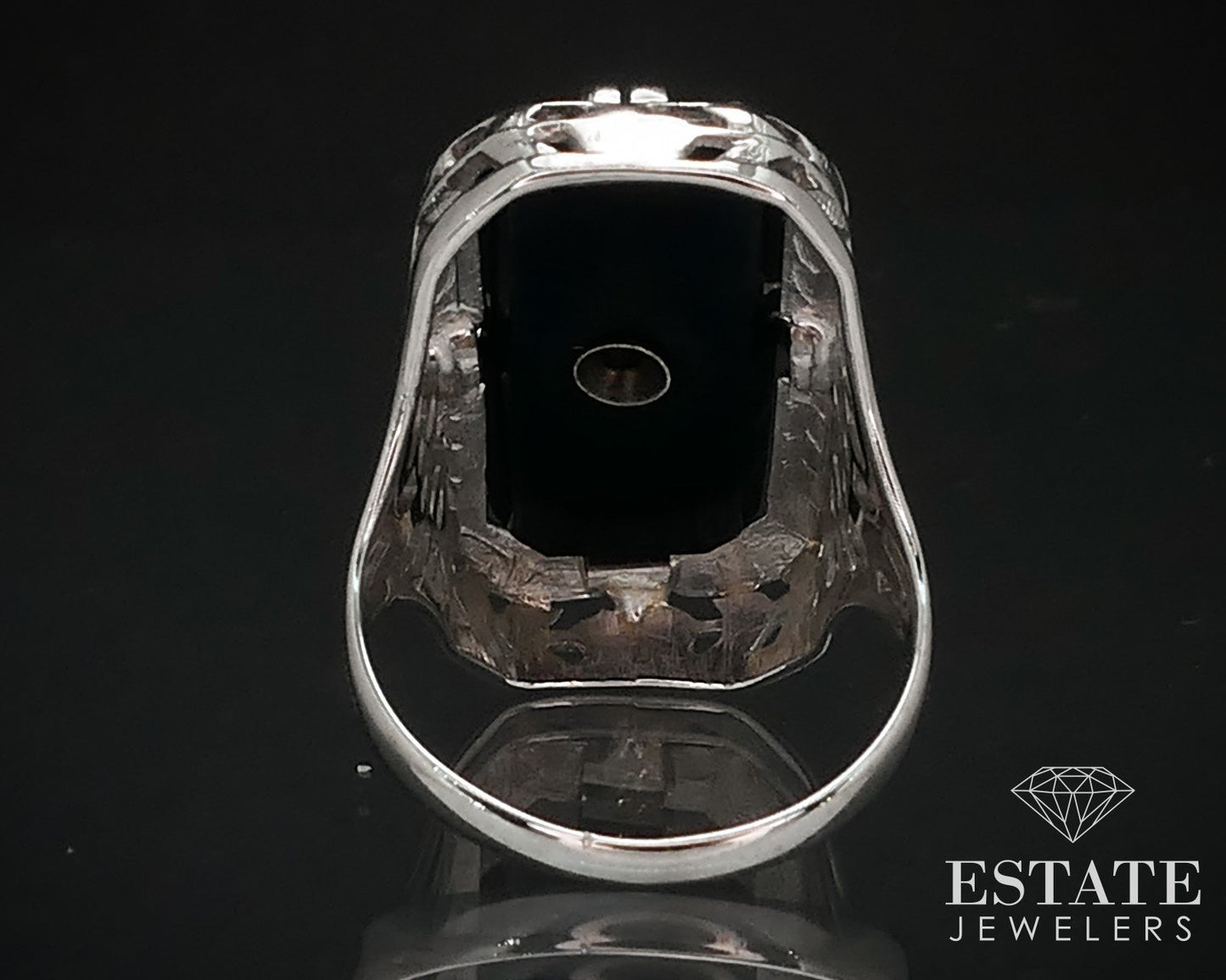 Antique 18k White Gold Black Onyx & Diamond Mourning Filigree Ring 4.1g p69222