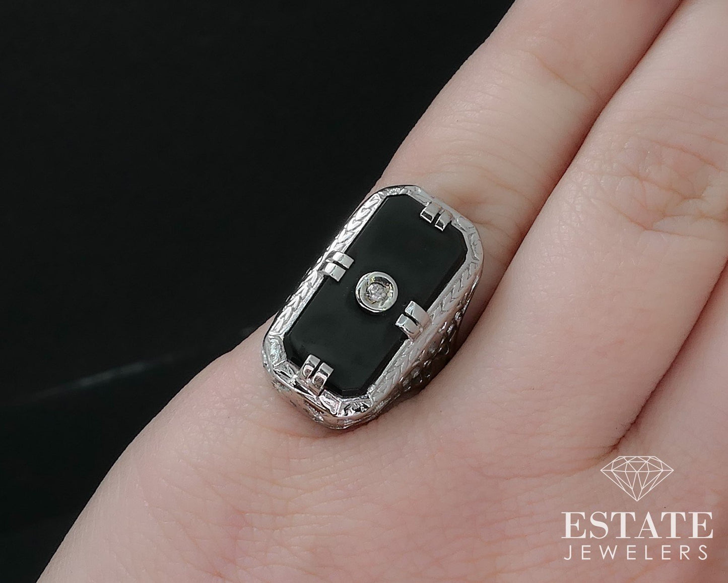 Antique 18k White Gold Black Onyx & Diamond Mourning Filigree Ring 4.1g p69222