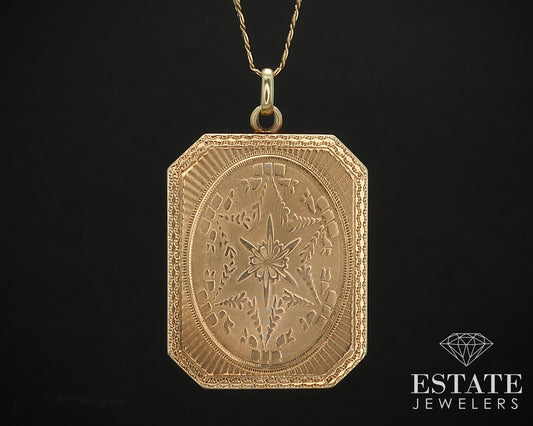Antique Victorian 14k Yellow Gold Engraved Square Locket Necklace 17.3g i16527
