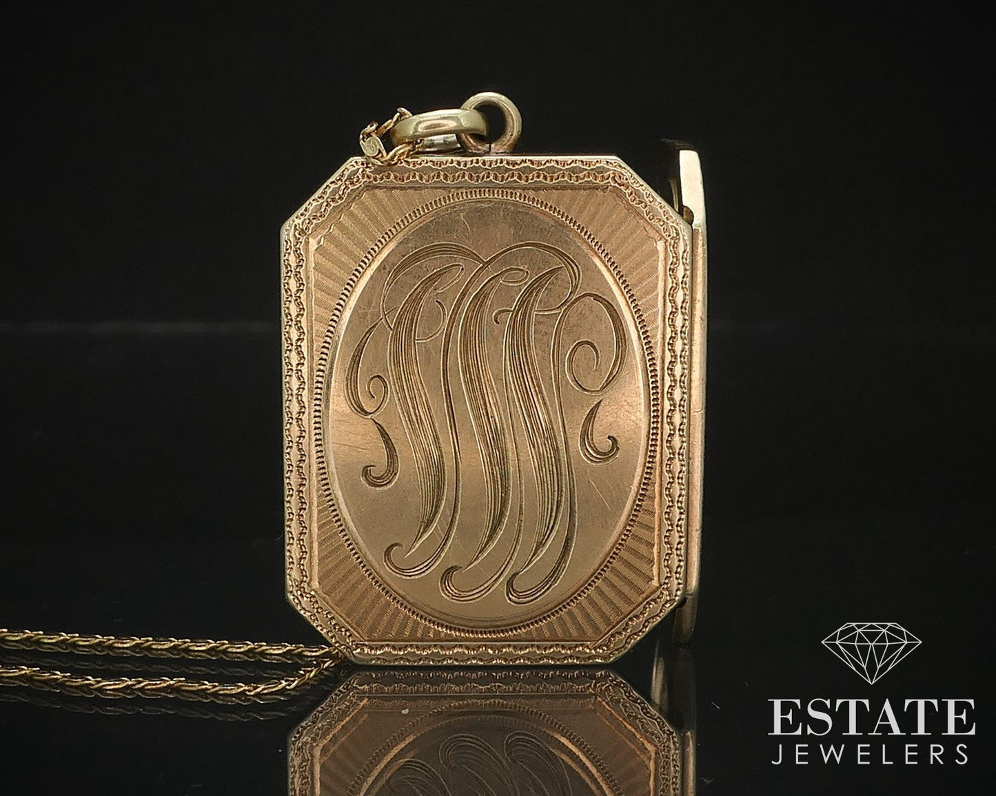 Antique Victorian 14k Yellow Gold Engraved Square Locket Necklace 17.3g i16527