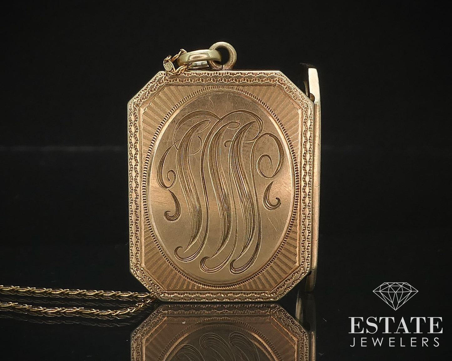 Antique Victorian 14k Yellow Gold Engraved Square Locket Necklace 17.3g i16527