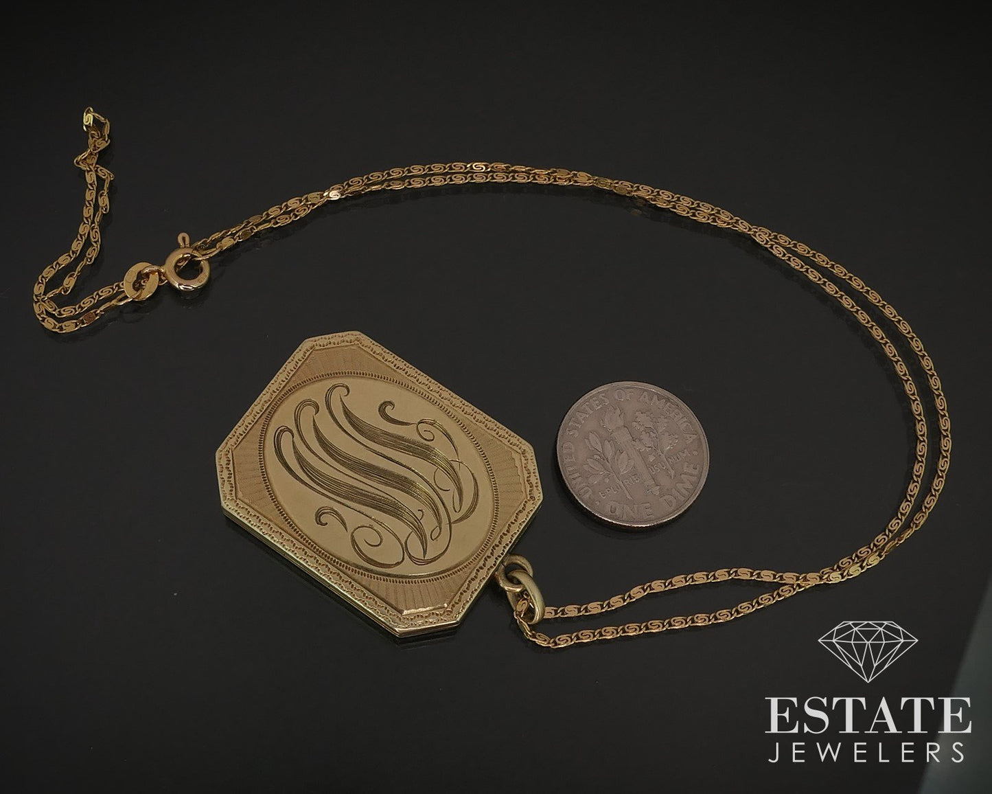 Antique Victorian 14k Yellow Gold Engraved Square Locket Necklace 17.3g i16527