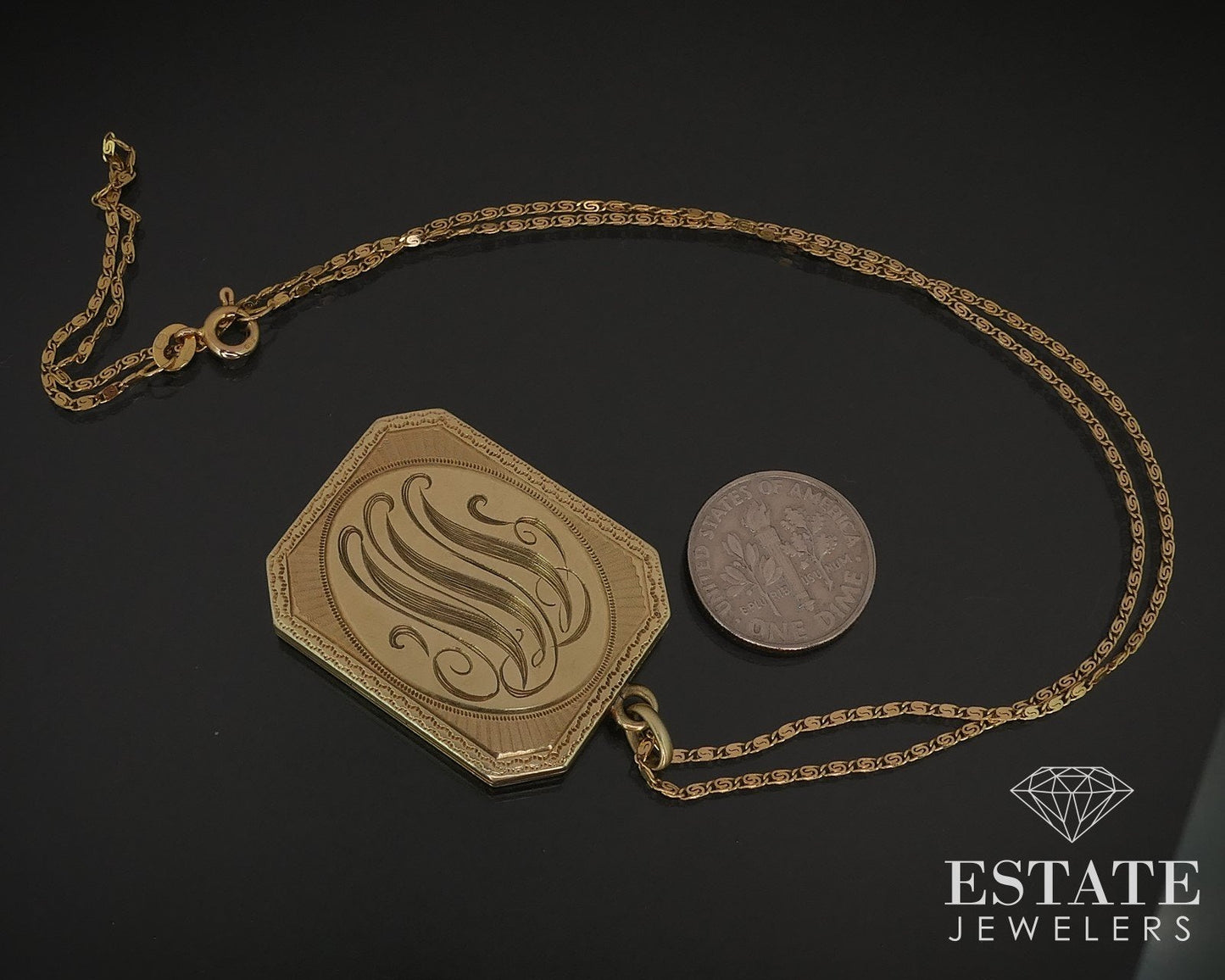 Antique Victorian 14k Yellow Gold Engraved Square Locket Necklace 17.3g i16527