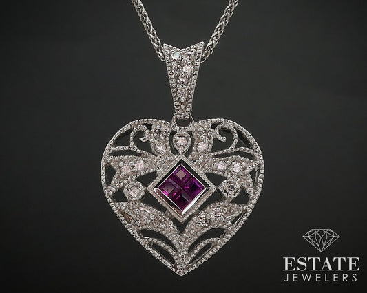 14k White Gold Natural Ruby & Diamond Heart Ladies Necklace 6.2g i16523
