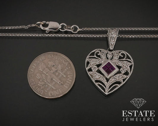 14k White Gold Natural Ruby & Diamond Heart Ladies Necklace 6.2g i16523