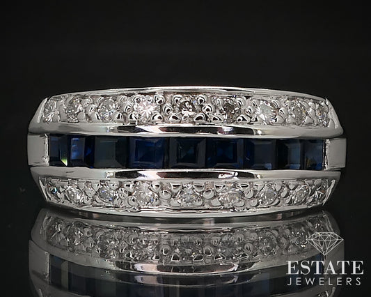 14k White Gold Natural Blue Sapphire & Diamond Ladies Band Ring 8.3g i16520