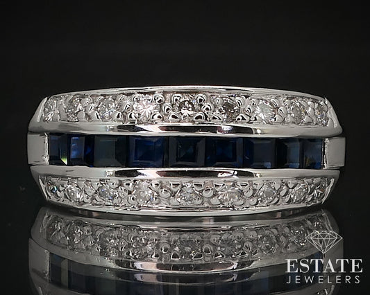 14k White Gold Natural Blue Sapphire & Diamond Ladies Band Ring 8.3g i16520