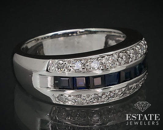 14k White Gold Natural Blue Sapphire & Diamond Ladies Band Ring 8.3g i16520