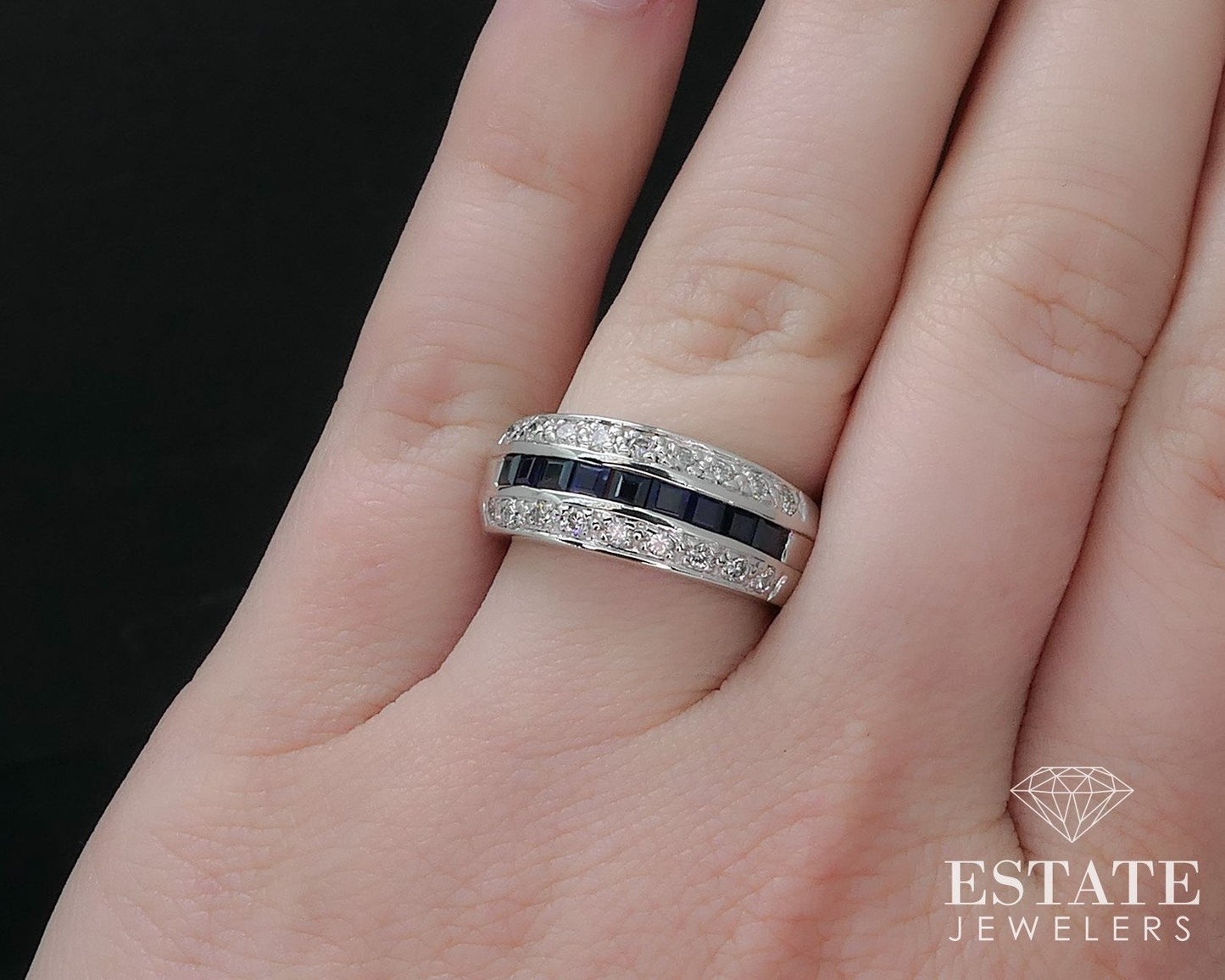 14k White Gold Natural Blue Sapphire & Diamond Ladies Band Ring 8.3g i16520