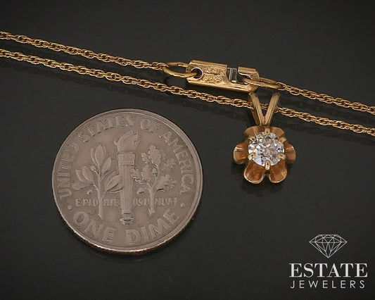 Antique 14K Yellow Gold OEC Natural .22ct Diamond Necklace 1.8g 16"L I16525