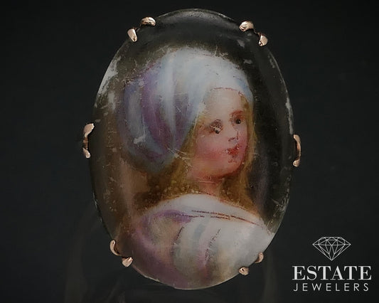 Antique Victorian 14k Yellow Gold Painted Portrait Ladies Ring 3g i16564