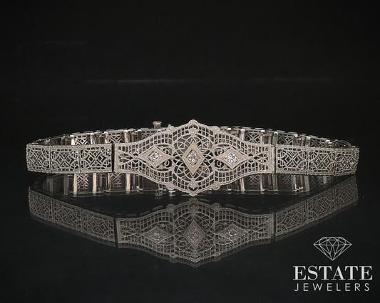 Antique Edwardian 10k White Gold Natural Diamond Filigree Bracelet 10g i16578
