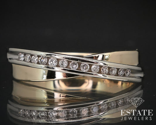 14k Yellow & White Gold Natural .13ctw Diamond Crossover Band Ring 3.7g i16588