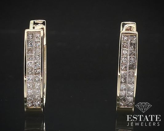 14k Yellow Gold Invisible Set Natural 1ctw Diamond Hoop Earrings 6.4g i16604
