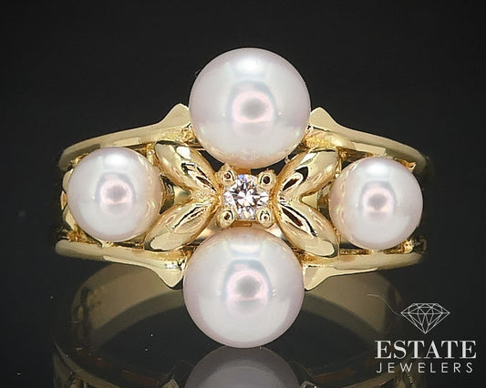 Vintage 18k Yellow Gold Mikimoto Akoya Pearl & Diamond Ring 5.2g i16589