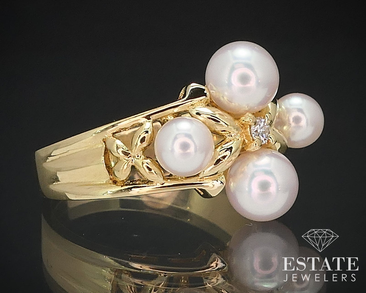 Vintage 18k Yellow Gold Mikimoto Akoya Pearl & Diamond Ring 5.2g i16589